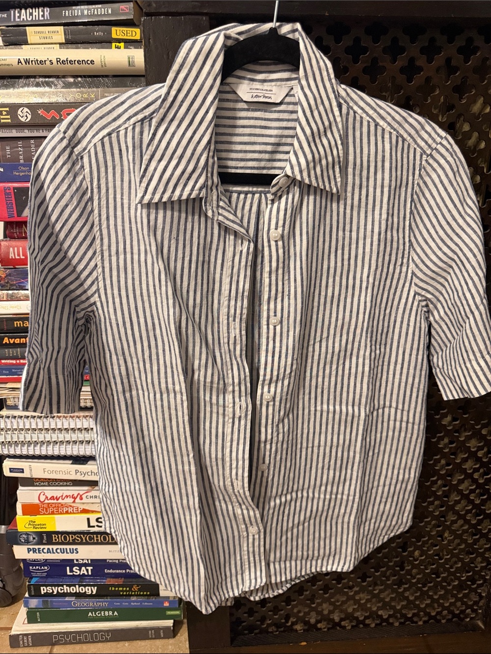 & Other Stories Blue and White Striped Short-Sleeve Button-Down Shirt